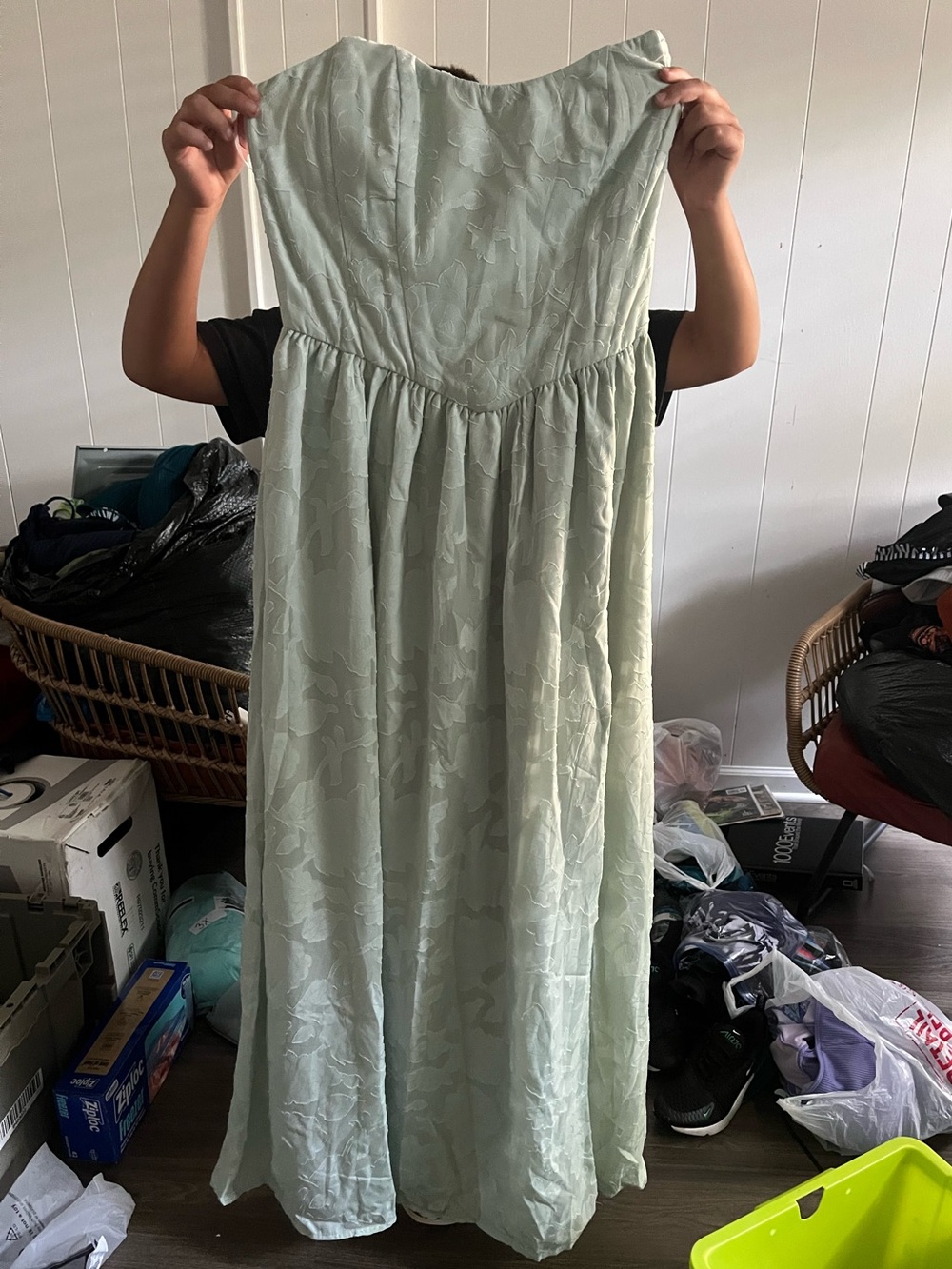 Lulu's Sage Green Strapless Floral Jacquard Maxi Dress